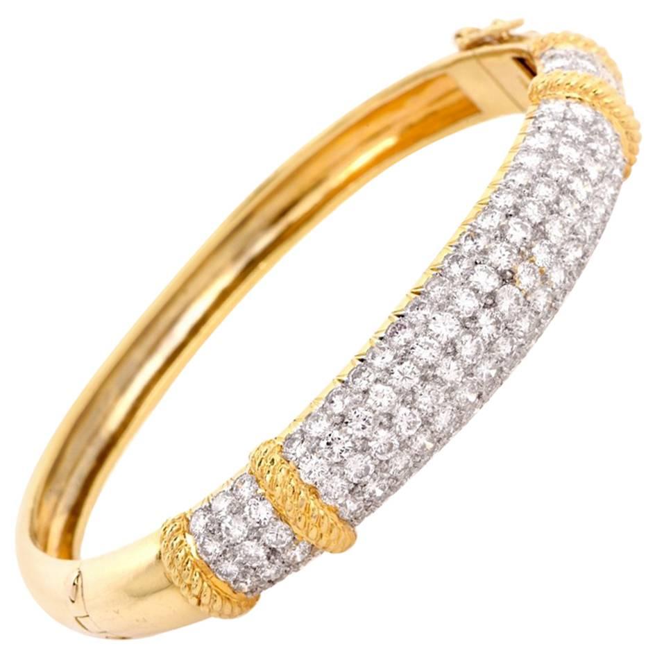1980s Diamond Yellow Gold Bangle Bracelet