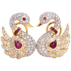 1980s Ruby Diamond Gold Clip-Back Swan Earrings 1980s Ruby Diamond Gold Clip-Back Swan Earrings