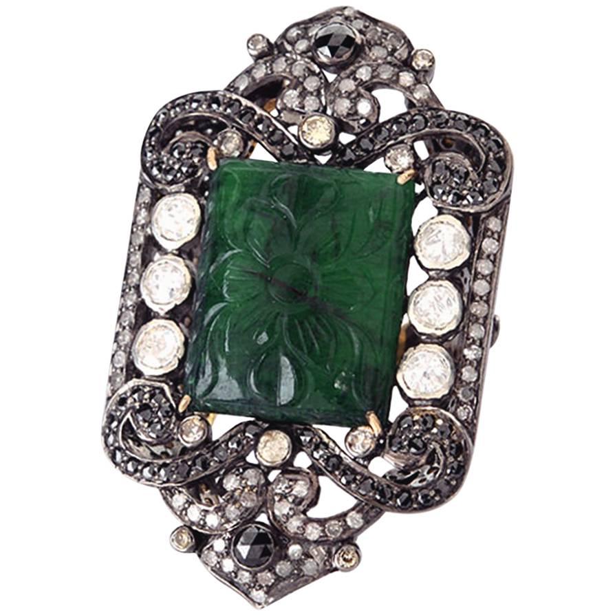 Carved Emerald Diamond Rhodium Silver Ring For Sale