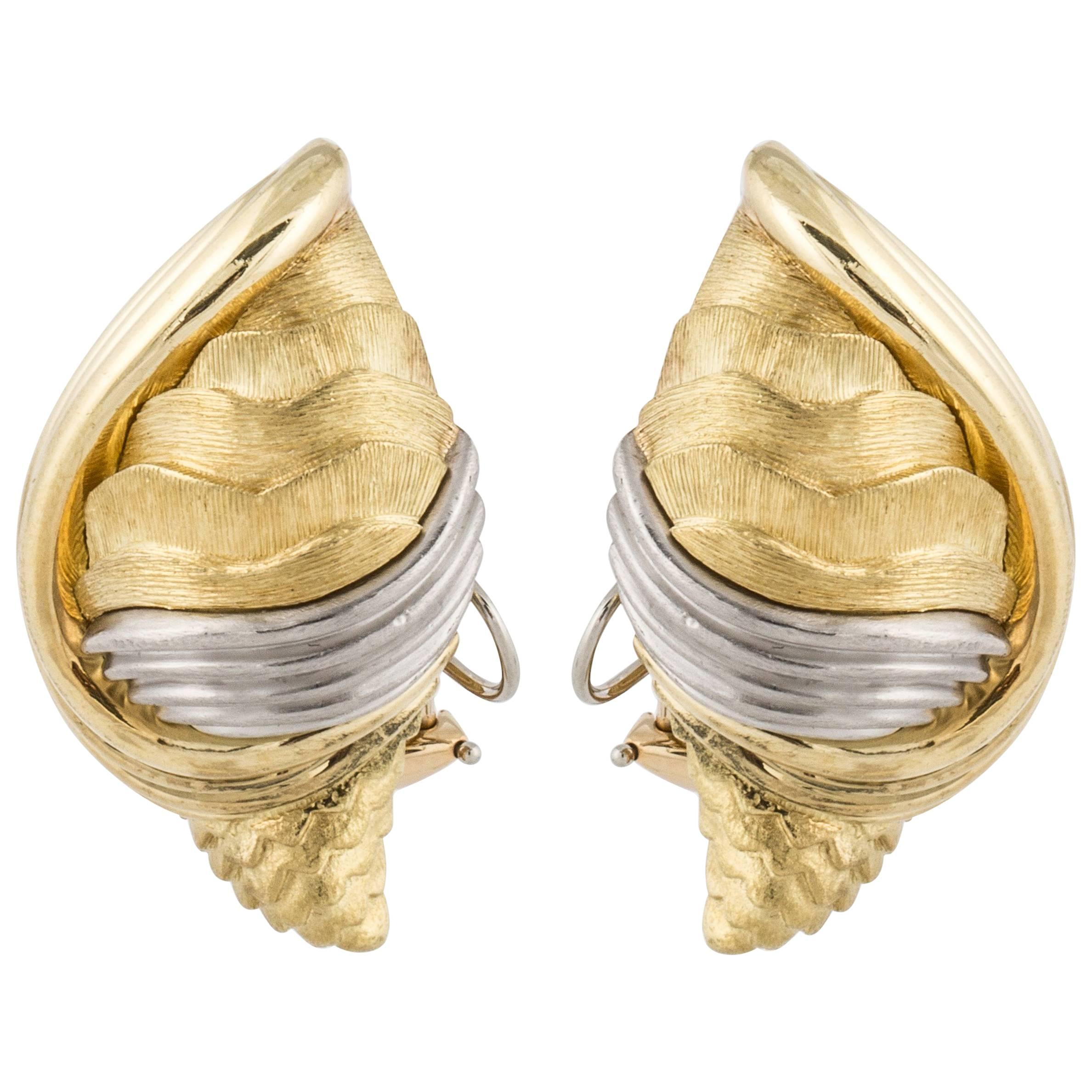 Henry Dunay Shell Earrings in 18K Gold and Platinum For Sale