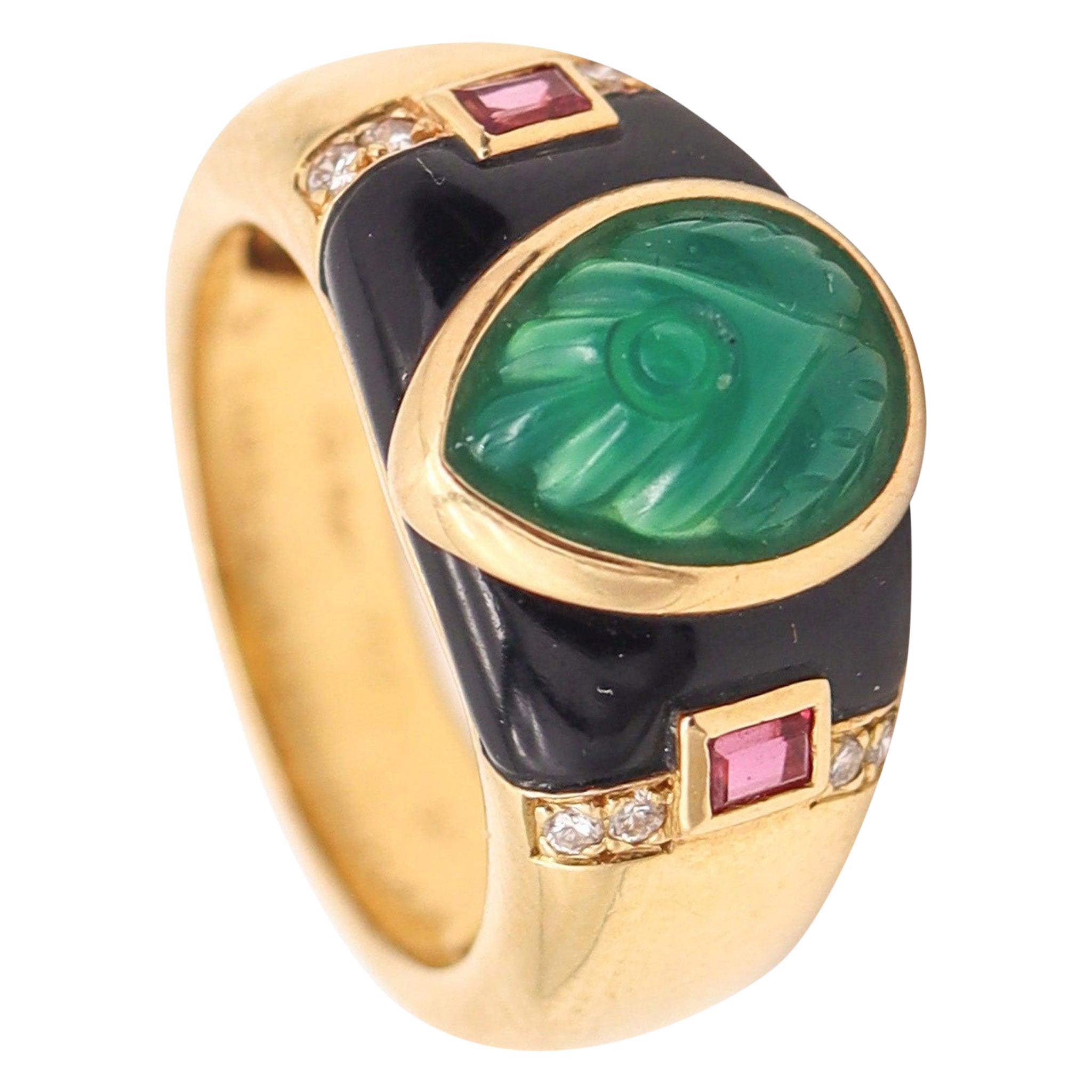 Cartier Paris GAIA Anello in oro giallo 18Kt con crisoprasio, diamanti, rubini e onice