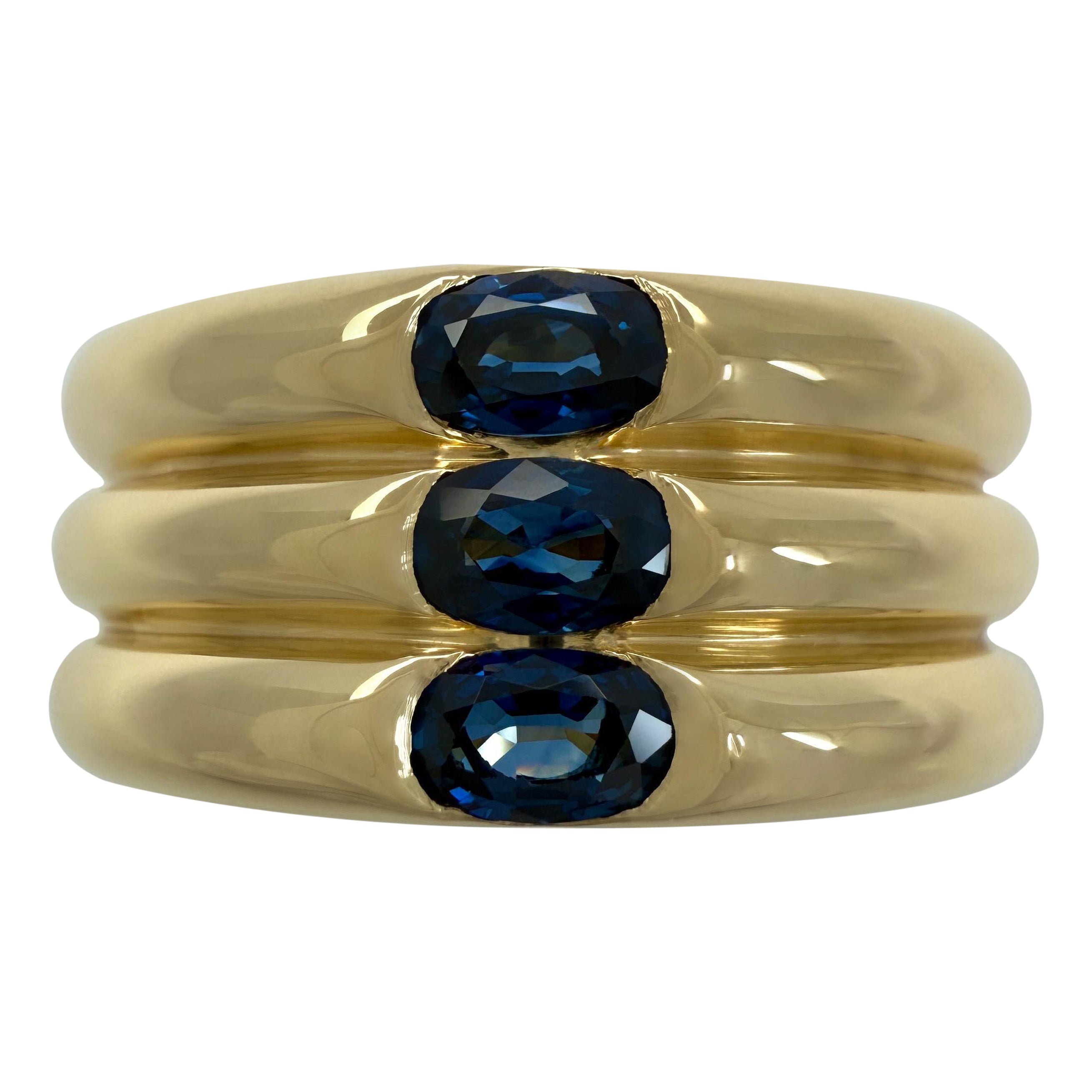 Vintage Cartier Blauer Saphir Ellipse 18k Gelbgold Drei Stein Band Ring
