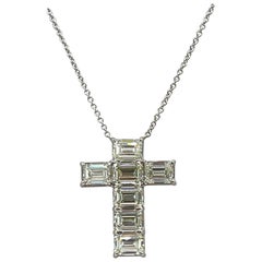 GIA Emerald Cut White Diamond Cross Pendant Necklace in 18K White Gold