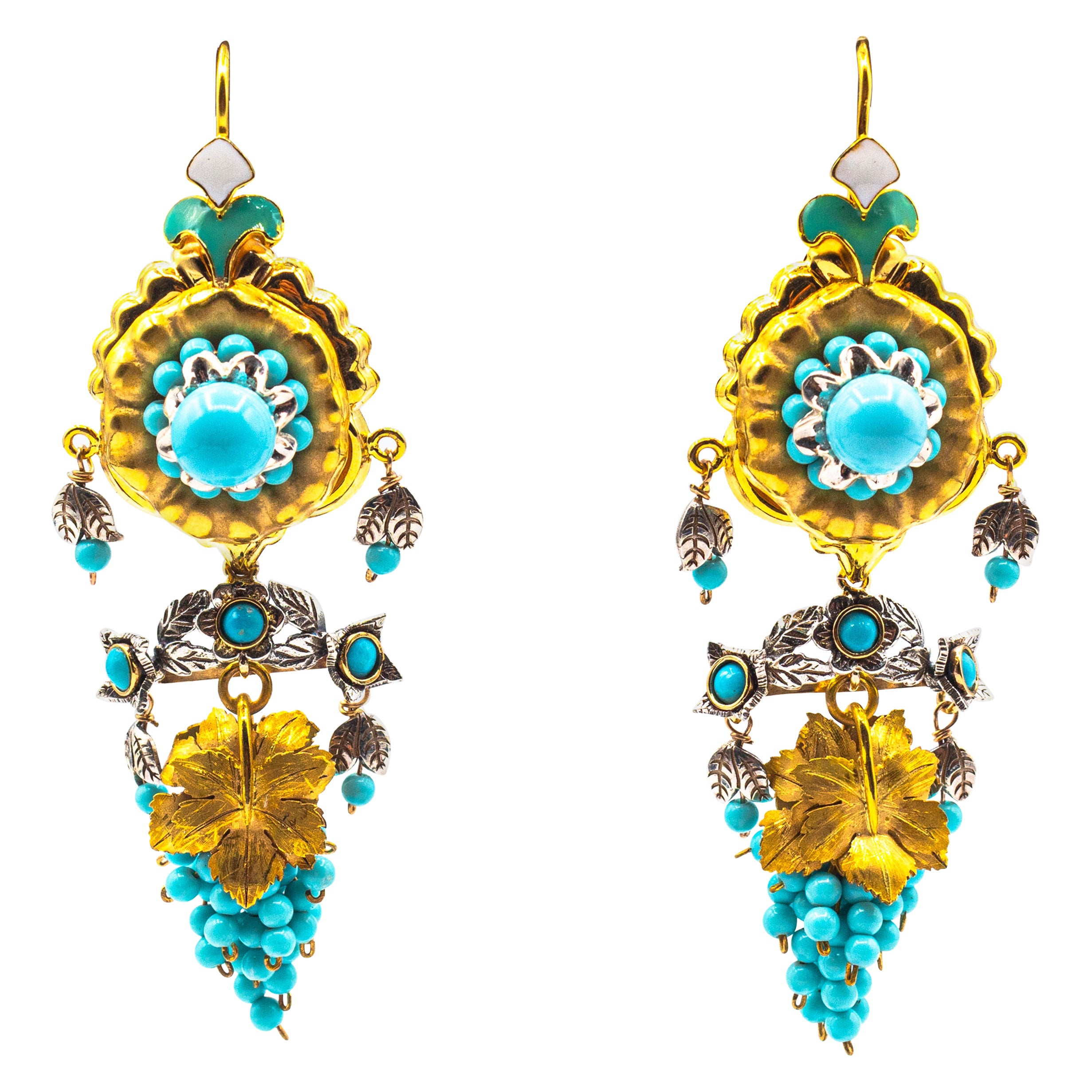 Boucles d'oreilles "Fleurs" en or jaune, diamant blanc, turquoise et émail de style Art Nouveau en vente