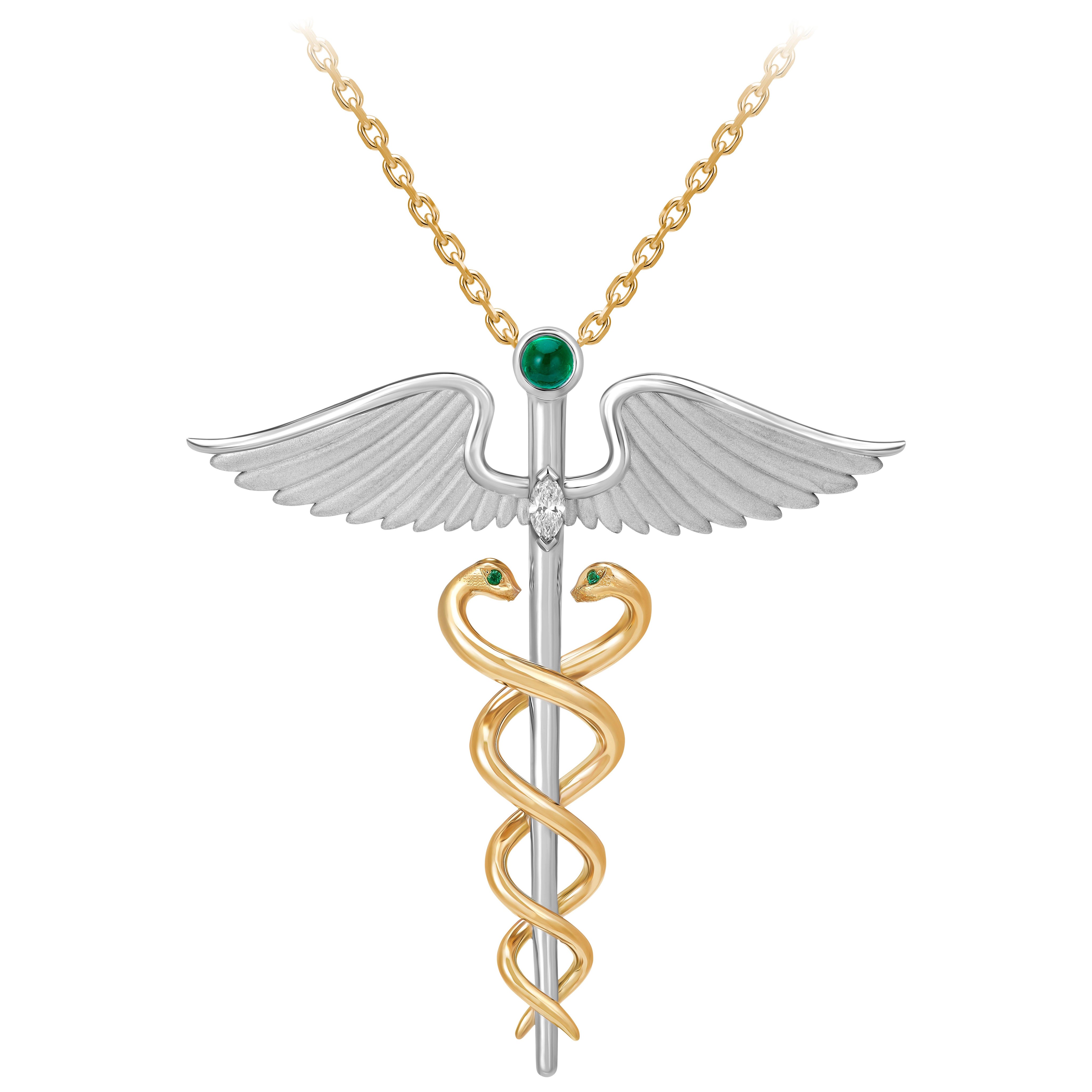 Caduceo di HermesPendente, oro bianco e giallo 18 carati, smeraldi e diamanti in vendita