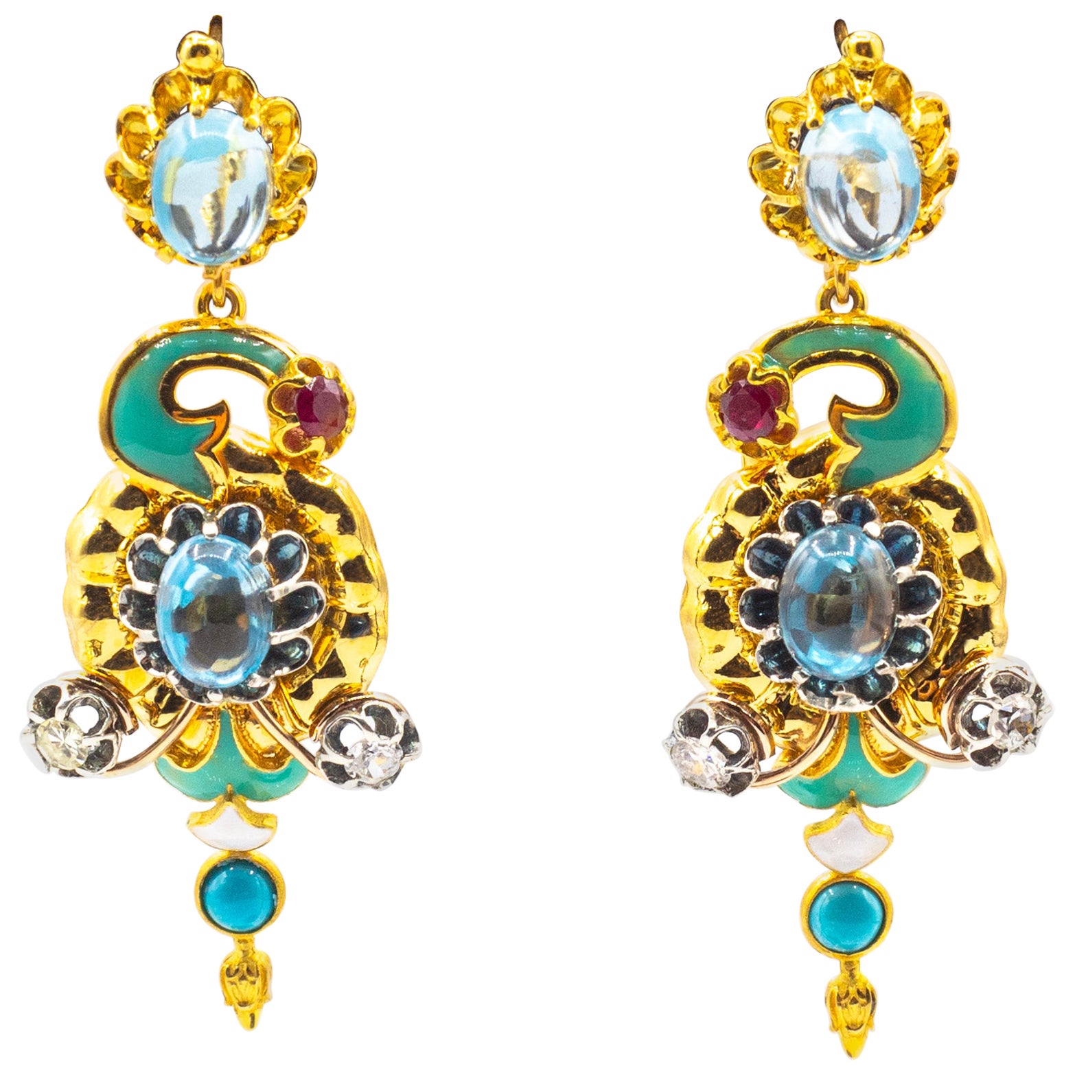 Art Nouveau Boucles d'oreilles fleurs en or jaune diamant blanc turquoise rubis topaze bleue