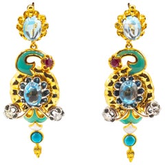 Art Nouveau Boucles d'oreilles fleurs en or jaune diamant blanc turquoise rubis topaze bleue