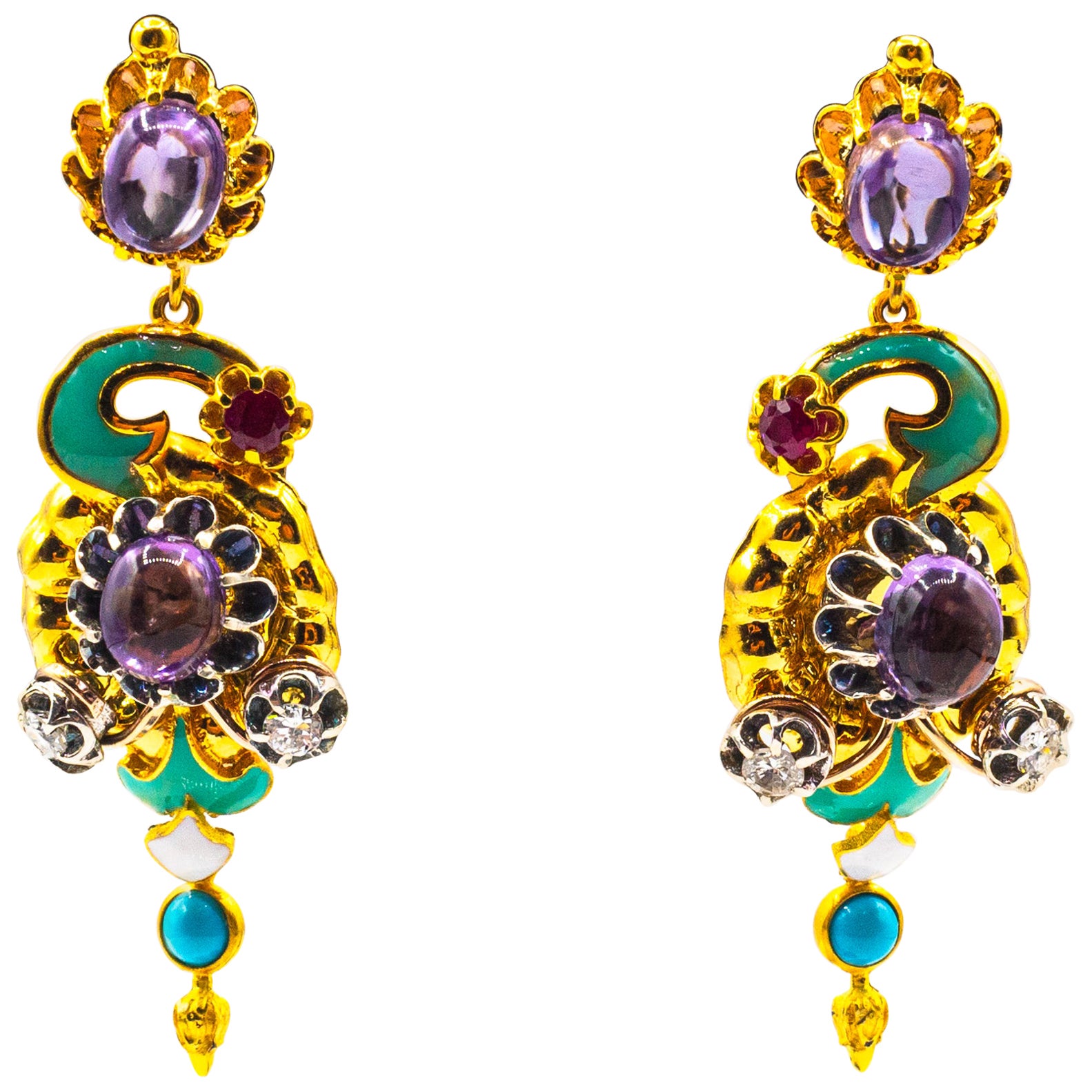 Art Nouveau Boucles d'oreilles "fleurs" en or jaune diamant blanc turquoise rubis améthyste