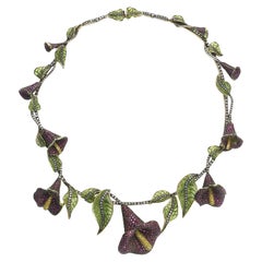 Moira Ruby, Diamond, Plique à Jour Enamel, Silver and Gold Calla Lily Necklace
