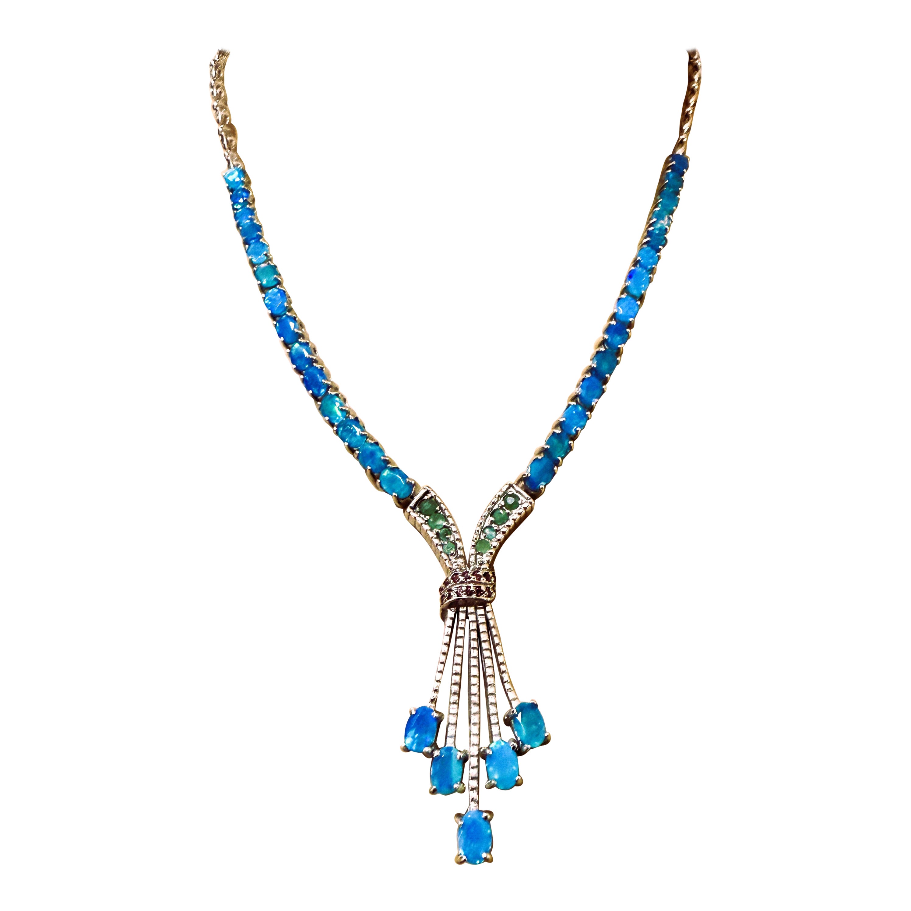 Neu 14,2 Karat Blauer Opal & Diamantschliff Smaragd & Granat Sterling Halskette