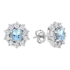 Round Aquamarine & Diamond Halo Set Classic Style 18K White Gold Stud Earrings