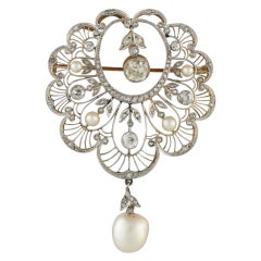 Antique Platinum and 18K Yellow Gold 3.05ct Diamond and Pearl Brooch