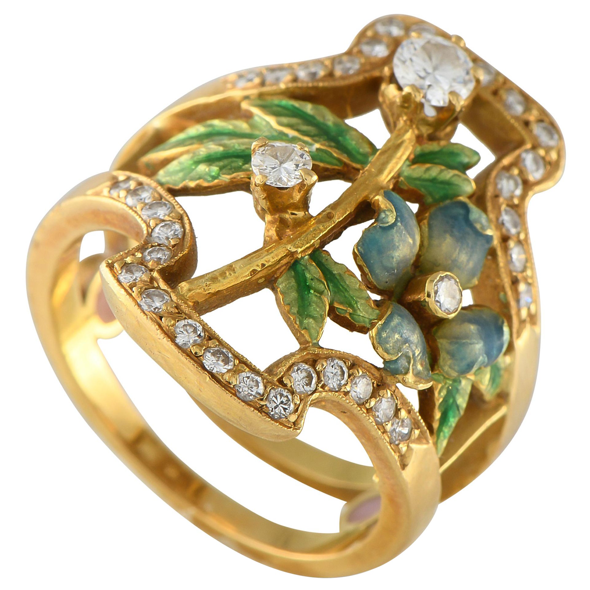 Anello floreale in oro giallo 18 carati con diamante e smalto da 0,45 carati di Masriera