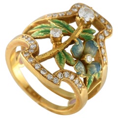 Masriera 18K Yellow Gold 0.45ct Diamond and Enamel Floral Ring