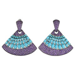 18K White Gold Turquoise and Amethyst Earrings