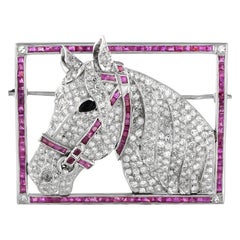 Platin 6,0ct Diamant Rubin Pferd Brosche