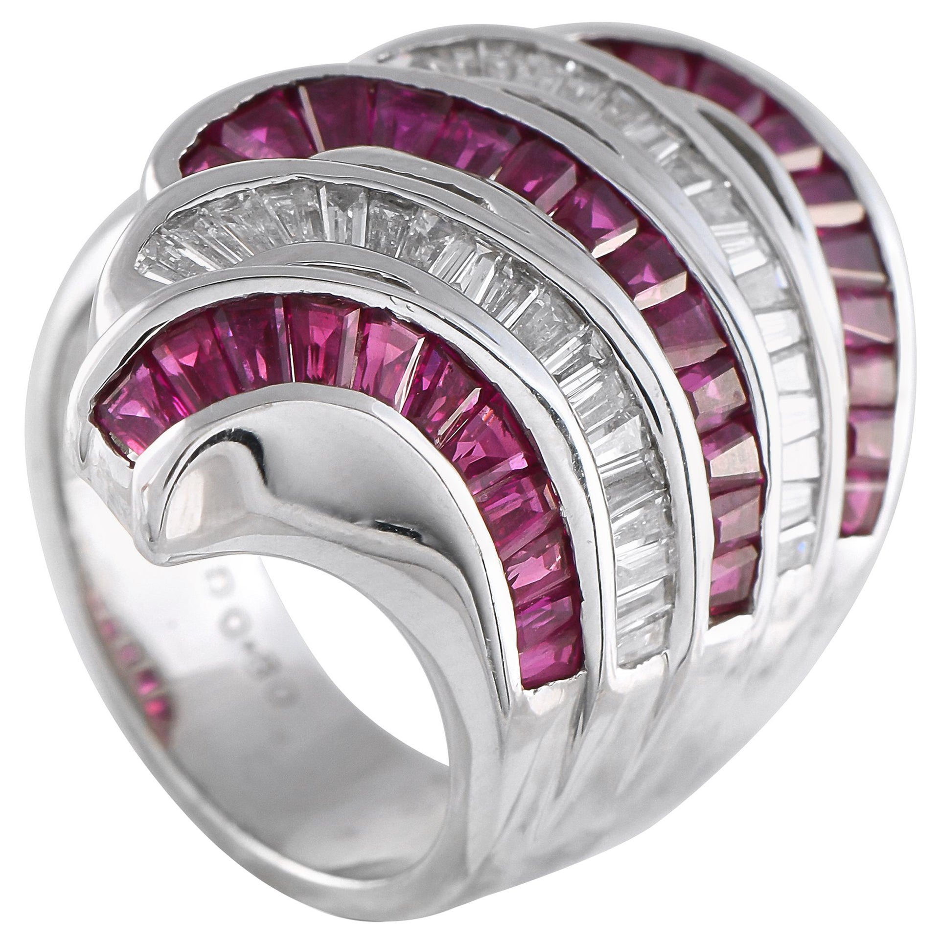 18K White Gold 0.80ct Diamond and Ruby Multi-Row Ring For Sale
