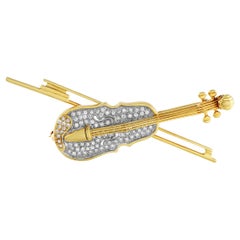 18K Yellow Gold 1.20ct Diamond Violin Brooch