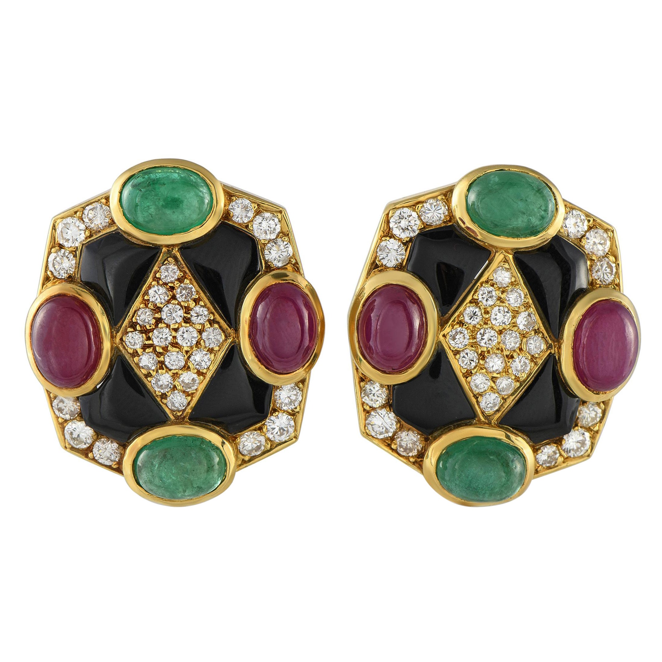 Orecchini a clip in oro giallo 14K con diamanti, smeraldi e rubini da 2,40 carati in vendita
