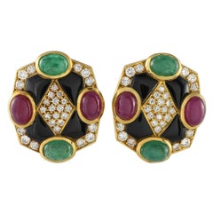 14K Yellow Gold 2.40ct Diamond, Emerald and Ruby Clip-On Earrings