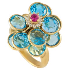 18K Yellow Gold Diamond, Topaz, and Ruby Ring