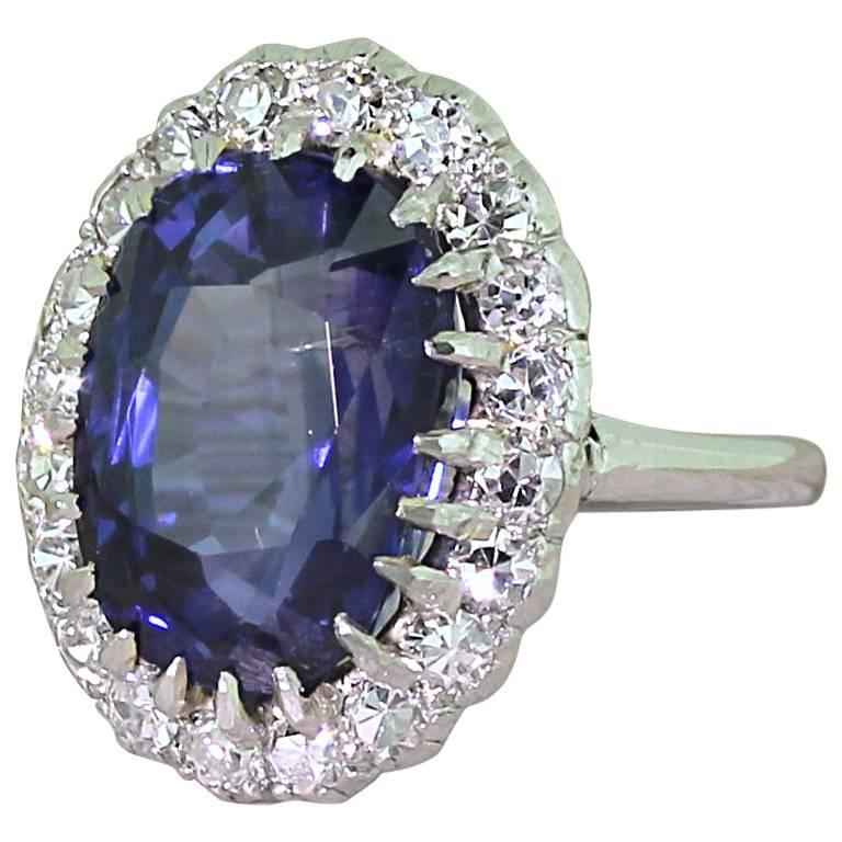 Art Deco 6.93 Carat Natural Ceylon Sapphire and Diamond Platinum Ring For Sale