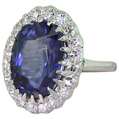 Retro Art Deco 6.93 Carat Natural Ceylon Sapphire and Diamond Platinum Ring