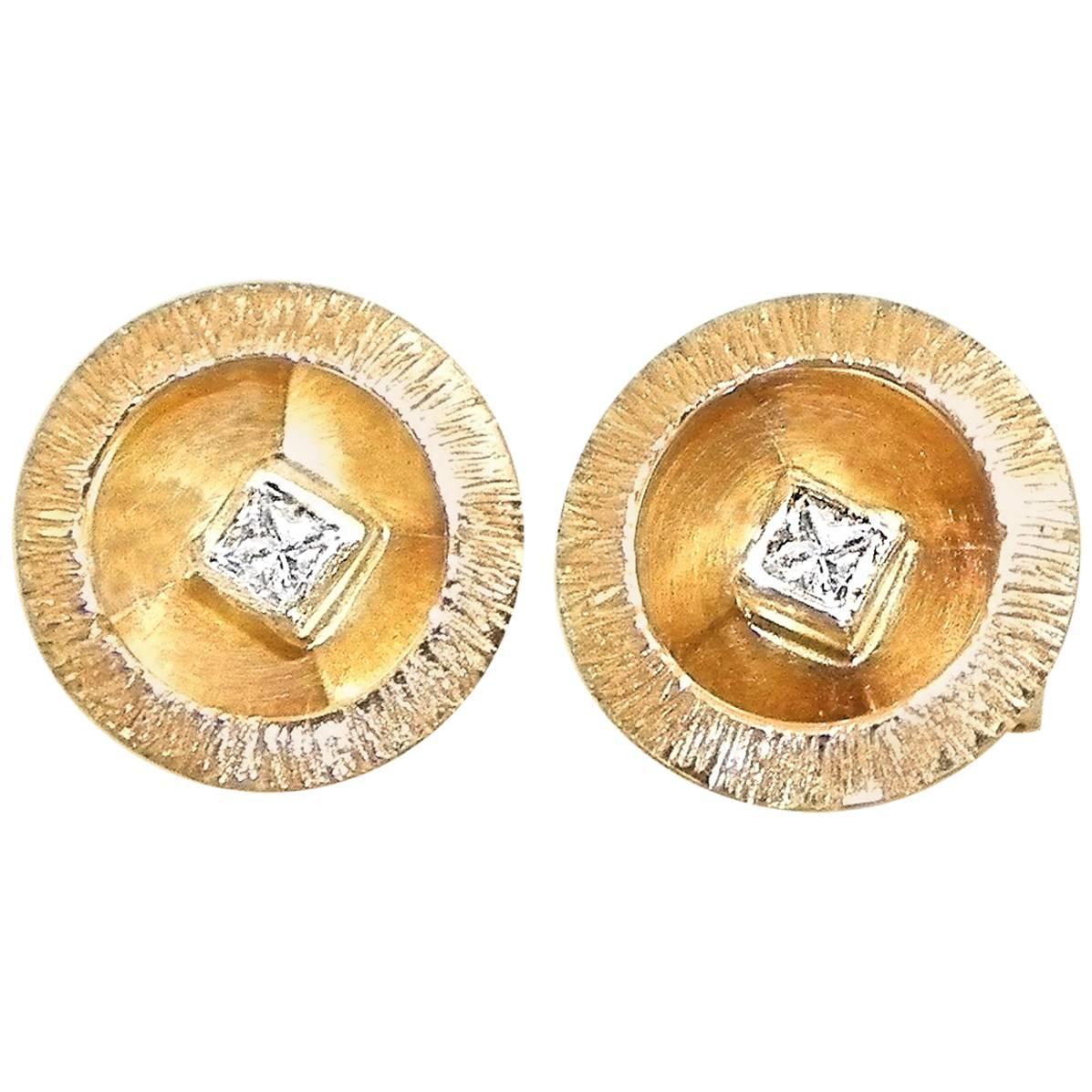 Sunny Sparkling Princess Cut Diamond Gold Stud Earrings For Sale