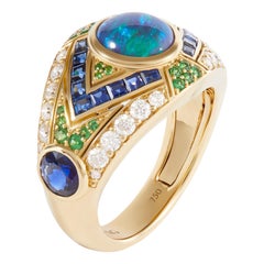 1.70 Carat Black Opal Blue Sapphire Tsavorite Diamond 18K Gold Cocktail Ring