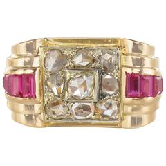 1940s French Ruby Diamond Gold Tank Ring 12