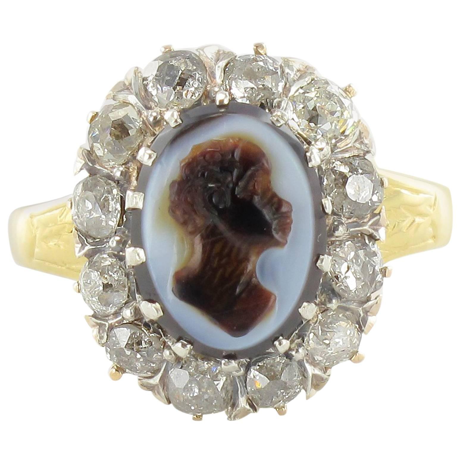 French Napoleon III Agate Cameo and Diamond Cluster Ring
