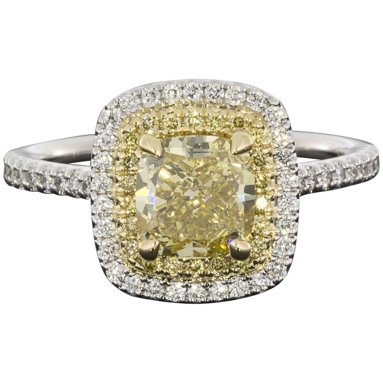 Fancy Yellow Cushion Diamond GIA Certified Double Halo Engagement Ring