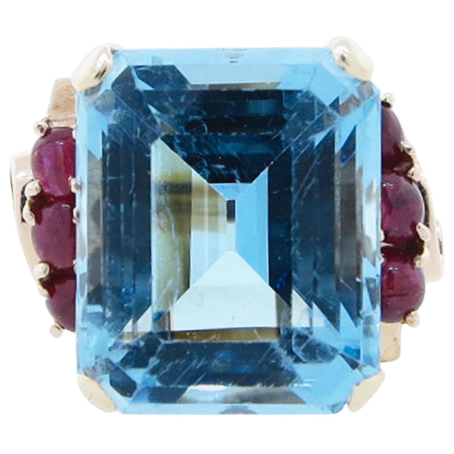 Retro Ideal Color Aquamarine Ruby Gold Ring