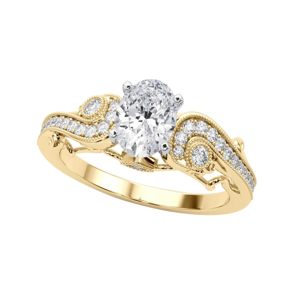 GIA Anello con diamante ovale a tre pietre curve bypassate in oro giallo 18 carati da 1,20 carati in vendita
