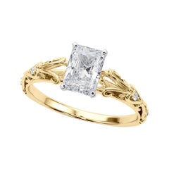 GIA 1.20ct Radiant Vintage Three-Stone Heart & Vine 18K Yellow Gold Diamond Ring