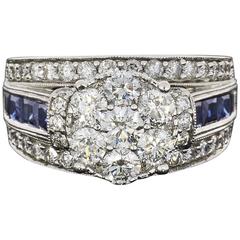 Sapphire Diamond White Gold Three-Row Cluster Engagement or Cocktail Ring
