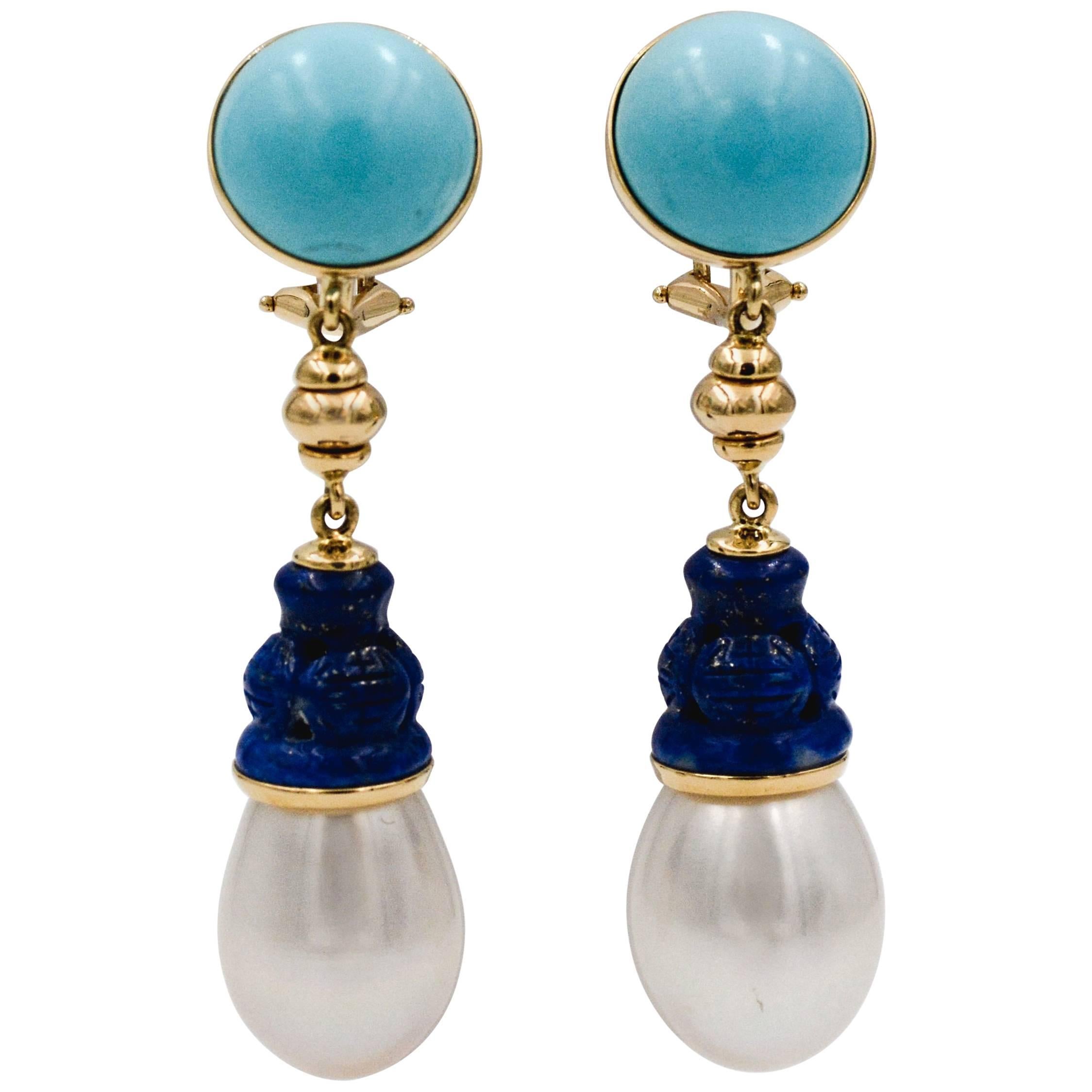 Seaman Schepps Turquoise Carved Lapis Freshwater Pearl Earrings
