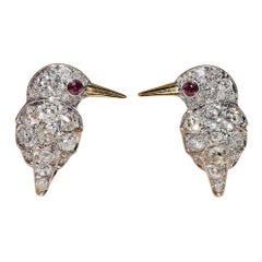 18K Gold New Made Natural Old Mine Cut Diamond And Ruby Decorated Bird Earring