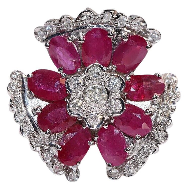 Bague vintage des années 1990, or 18 carats, diamant naturel et rubis décoré de fleurs