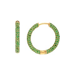 18k Yellow Gold Big Hoop Natural Emerald Earrings