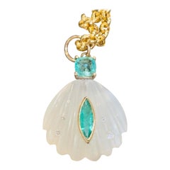 Sea Shell Pendant, Moonstone with Emeralds & Diamonds