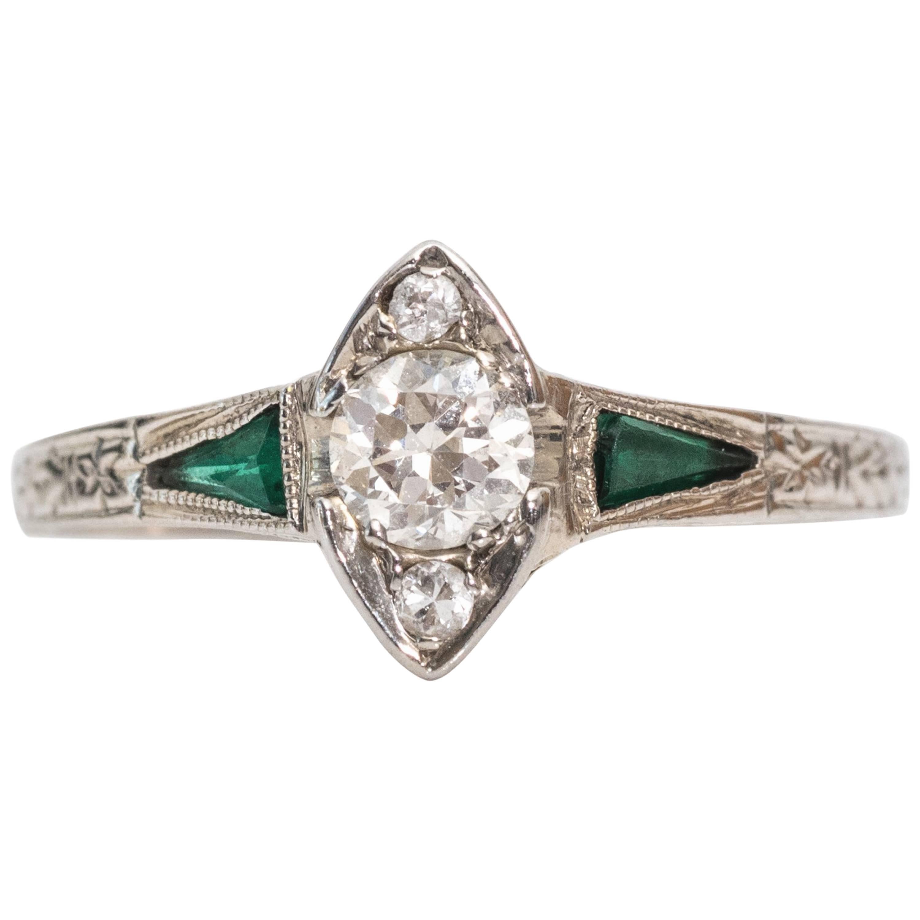 1915 Art Deco .20 Carat Old European Diamond Emerald 18 Karat White Gold Ring