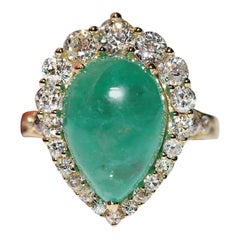 Bague forte en or 18k ornée de diamants naturels et d'émeraudes cabochon