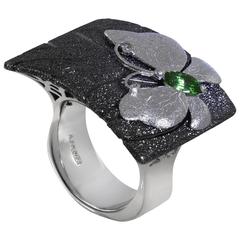 Tourmaline Silver Platinum Textured Butterfly Ring One of a Kind Handmade in NYC