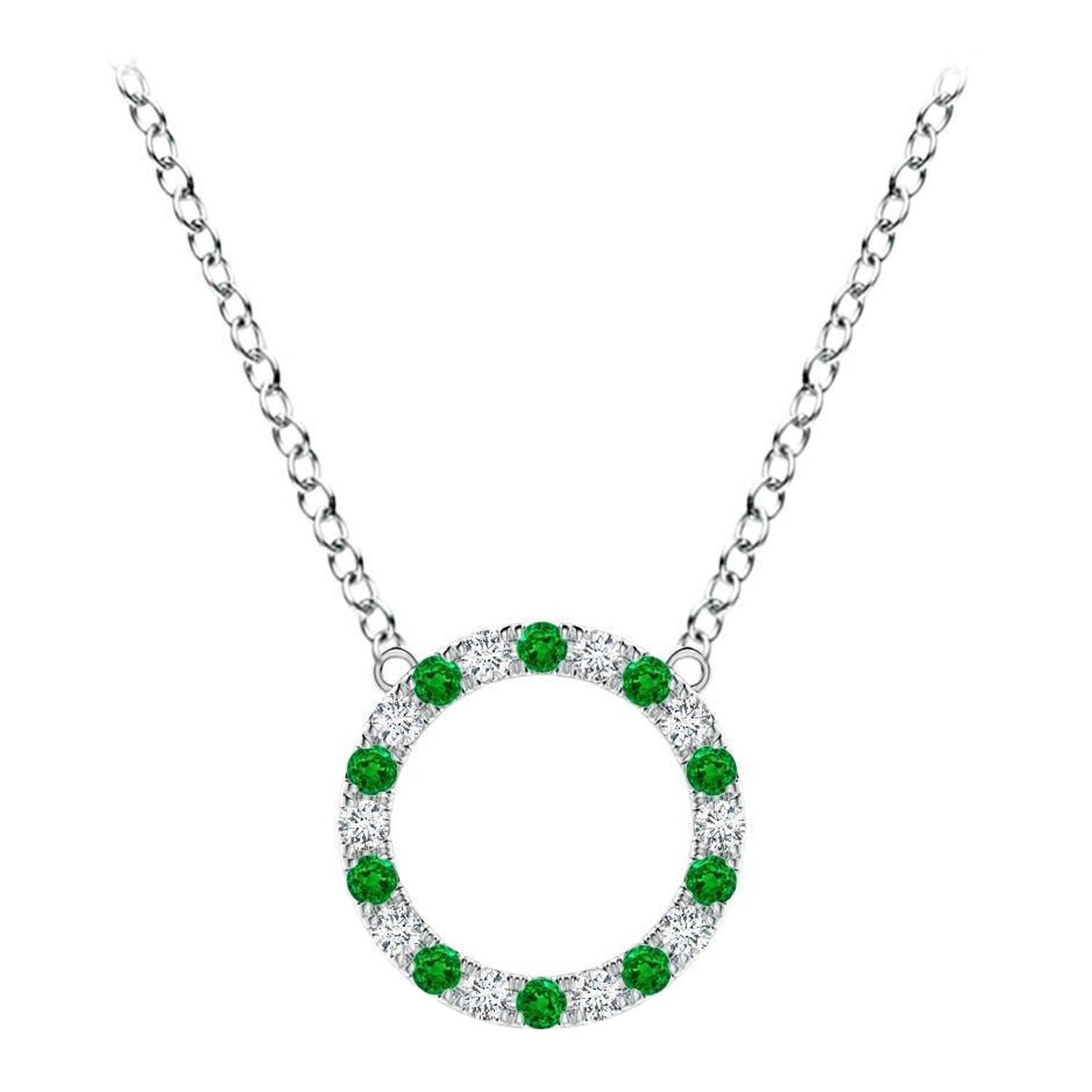 Pendentif d'éternité en forme de cercle ouvert en platine avec émeraude naturelle et diamant Angara