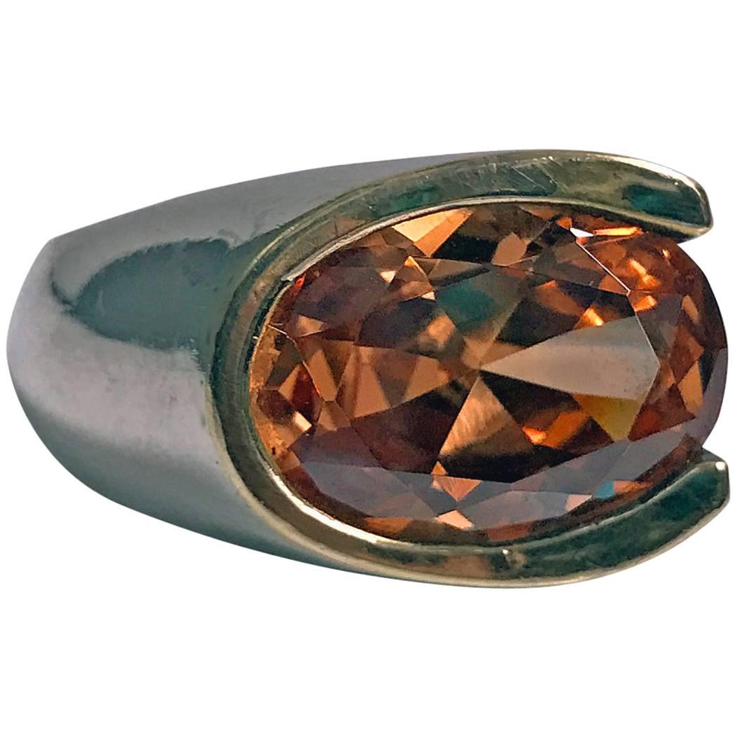 Abstract 1960s Orange Zircon Silver Gold Ring