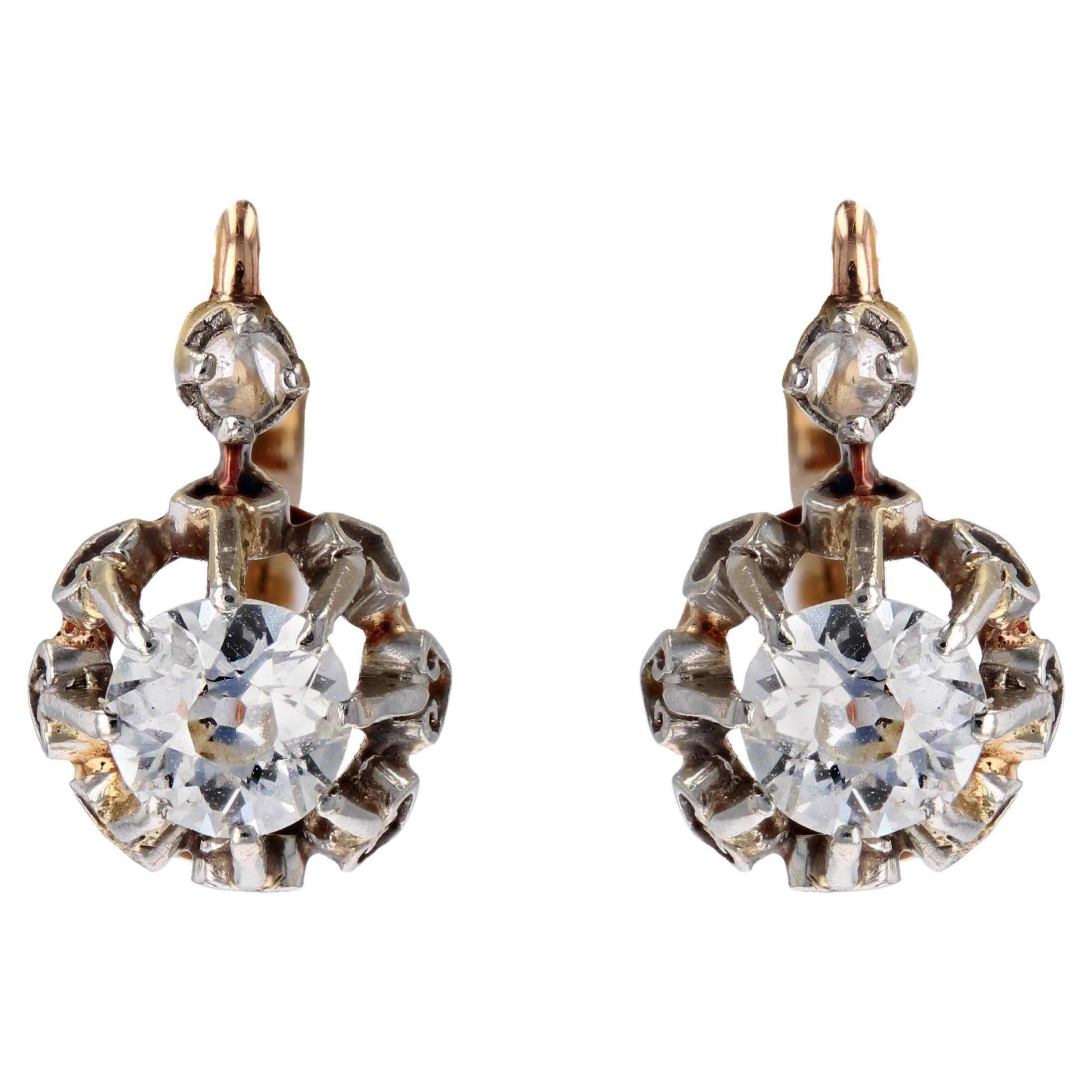 Boucles d'oreilles à levier en or rose 18 carats et diamants du 19e siècle