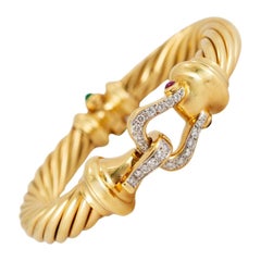 David Yurman 18K Yellow Gold Diamond Emerald Ruby Cable Buckle Bangle Bracelet