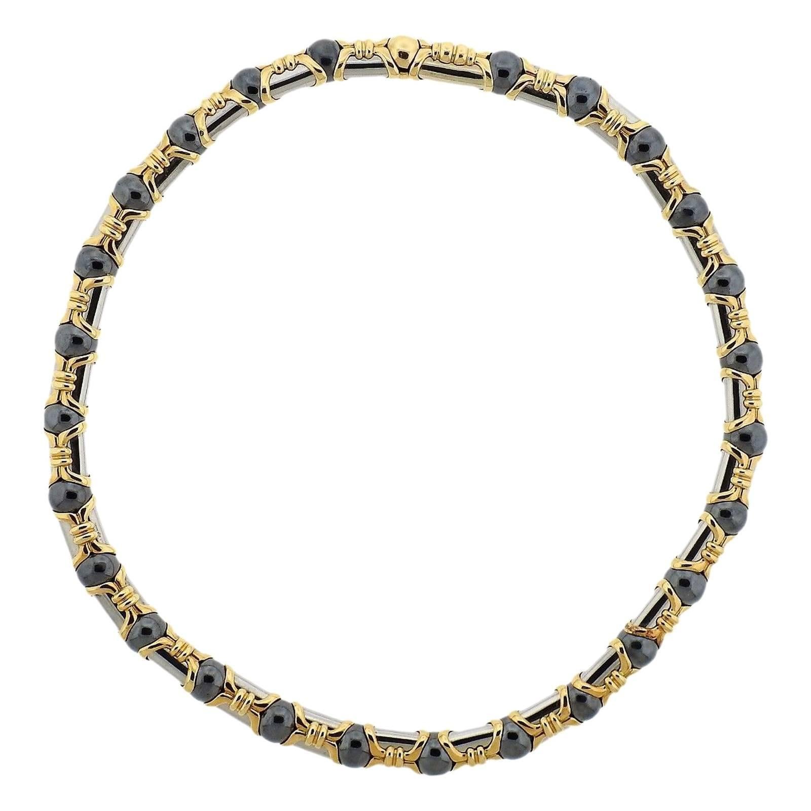 Bulgari Hematite Steel Gold Necklace