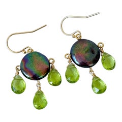 Marina J. Black Pearl & Peridot Chandelier Earrings with Solid 14k Yellow Gold